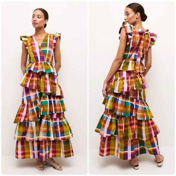 Marie Oliver‎ Womens Boho Resort Madras Plaid Tiered Marisol Maxi Dress Size 14